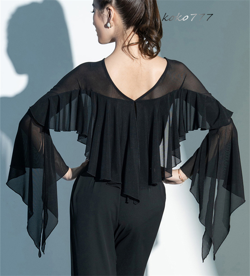 Tシャツ レディース レオタード 上衣 リボン ラテンダンス ウェア フレア袖 ロンパース 公演 発表会 練習着 女子服 モダンダンス 部活 舞台衣装 学園祭 柄物 