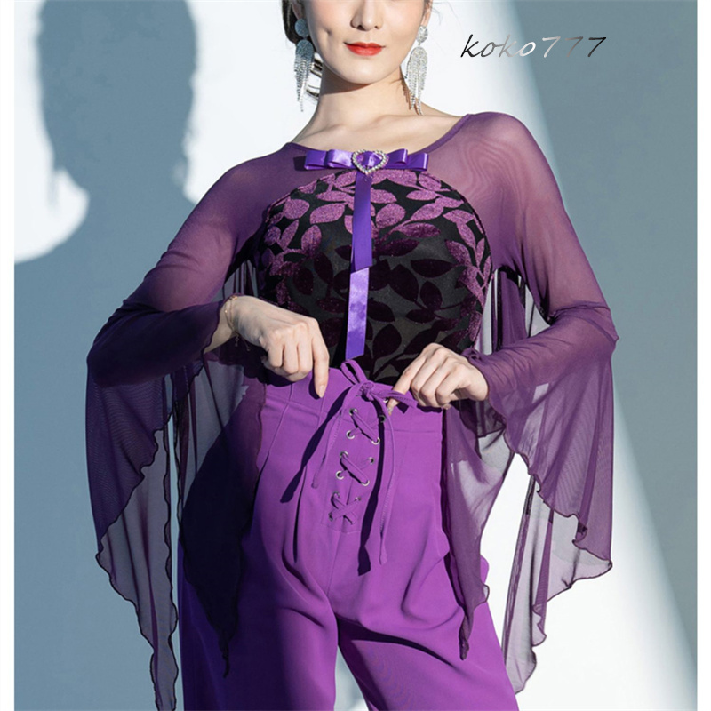 Tシャツ レディース レオタード 上衣 リボン ラテンダンス ウェア フレア袖 ロンパース 公演 発表会 練習着 女子服 モダンダンス 部活 舞台衣装 学園祭 柄物 