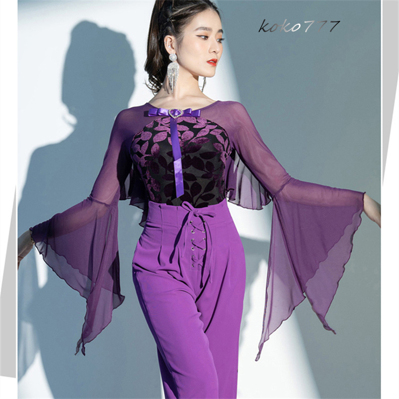 Tシャツ レディース レオタード 上衣 リボン ラテンダンス ウェア フレア袖 ロンパース 公演 発表会 練習着 女子服 モダンダンス 部活 舞台衣装 学園祭 柄物 