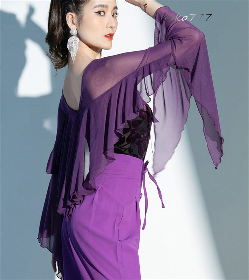 Tシャツ レディース レオタード 上衣 リボン ラテンダンス ウェア フレア袖 ロンパース 公演 発表会 練習着 女子服 モダンダンス 部活 舞台衣装 学園祭 柄物 