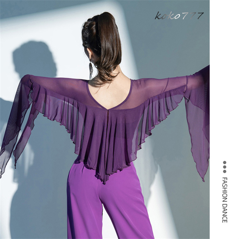 Tシャツ レディース レオタード 上衣 リボン ラテンダンス ウェア フレア袖 ロンパース 公演 発表会 練習着 女子服 モダンダンス 部活 舞台衣装 学園祭 柄物 