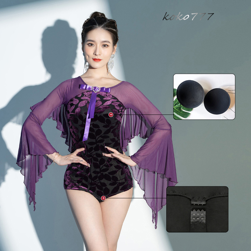 Tシャツ レディース レオタード 上衣 リボン ラテンダンス ウェア フレア袖 ロンパース 公演 発表会 練習着 女子服 モダンダンス 部活 舞台衣装 学園祭 柄物 