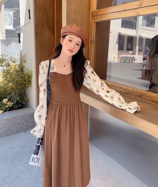 レイヤード風ワンピース レディース ワンピース 長袖 ロング ミモレ丈 フ重ね着風ワンピース 秋冬 大きいサイズ 花柄 黒 フリル袖 キャンディスリーブ 