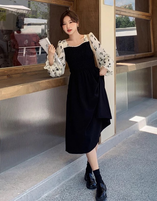 レイヤード風ワンピース レディース ワンピース 長袖 ロング ミモレ丈 フ重ね着風ワンピース 秋冬 大きいサイズ 花柄 黒 フリル袖 キャンディスリーブ 