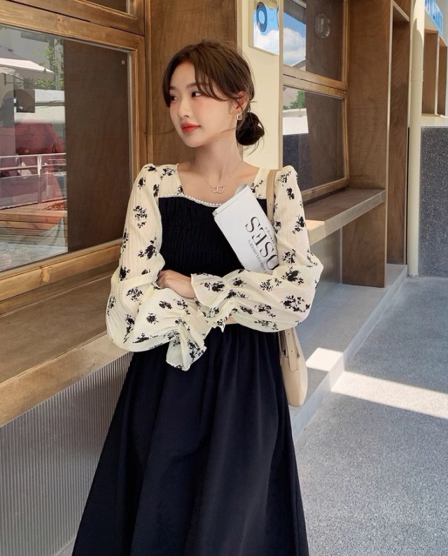 レイヤード風ワンピース レディース ワンピース 長袖 ロング ミモレ丈 フ重ね着風ワンピース 秋冬 大きいサイズ 花柄 黒 フリル袖 キャンディスリーブ 