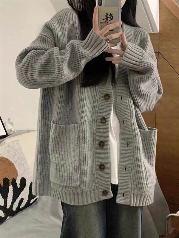 ニットカーディガン 秋冬 ゆったり セーター ざっくり オーバーサイズ 日常服 ニットカーディガン 無地 トップス 羽織 前開き 