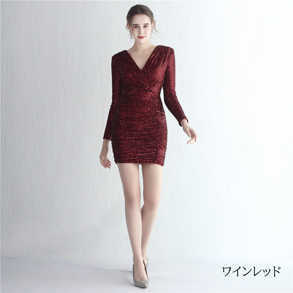 カラードレス ミニドレス 長袖 パーティードレス 結婚式 二次会 演出 ミディアムドレス 発表会 スパンファスナー 演奏会 ワンピース フォーマルドレス 