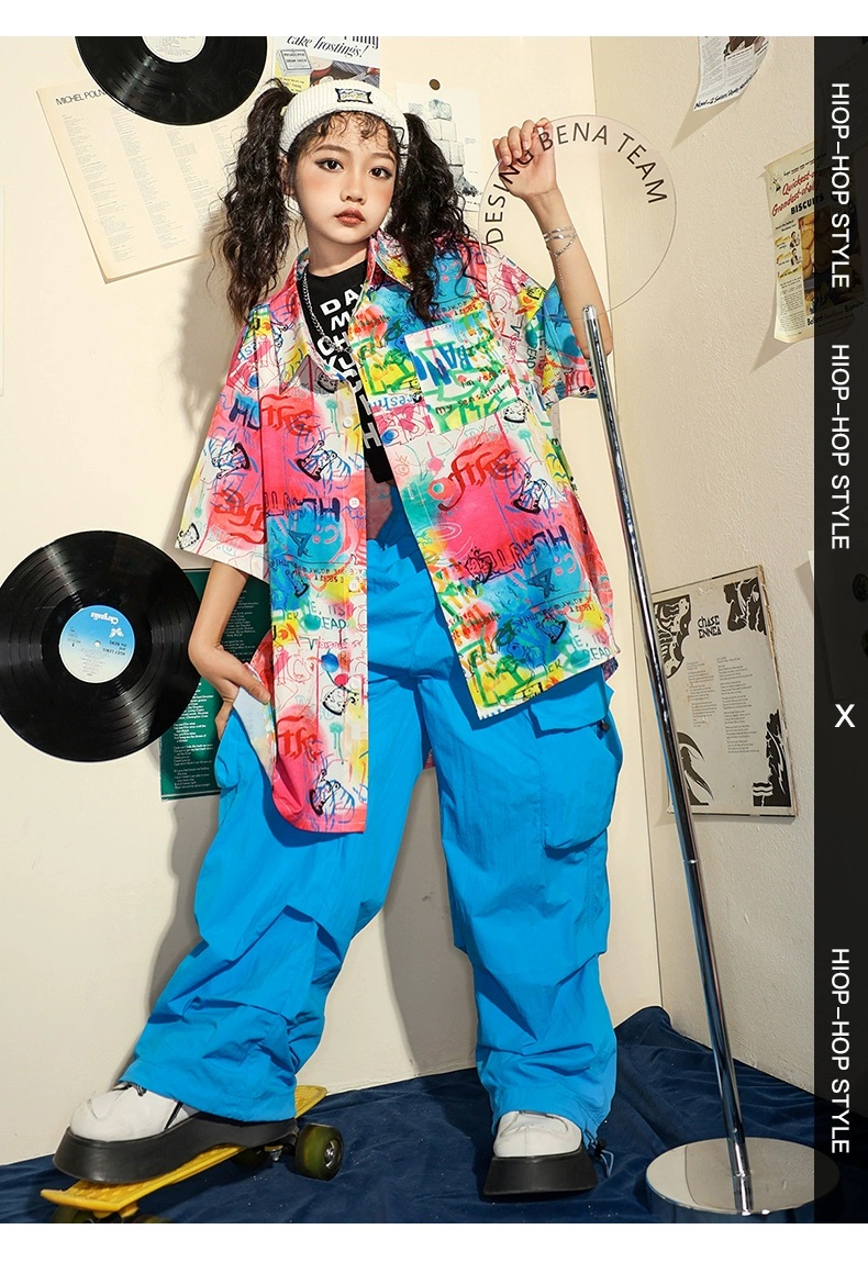 シャツ キッズダンス衣装 ヒップホップ ファッショントップス 男の子 ガールズ 柄シャツ 総柄 K-POP 韓国 派手 