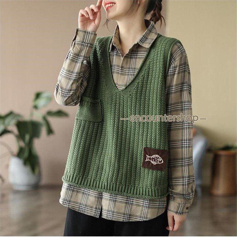 ニットベスト レディース チョッキ トップス 刺繍 Vネック おしゃれ カジュアル ノースリーブ ゆったり セーター 重ね着 ベスト 秋コーデ 薄手 