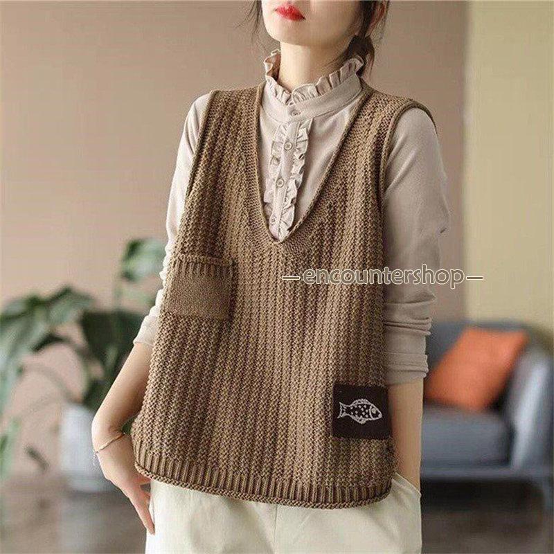 ニットベスト レディース チョッキ トップス 刺繍 Vネック おしゃれ カジュアル ノースリーブ ゆったり セーター 重ね着 ベスト 秋コーデ 薄手 