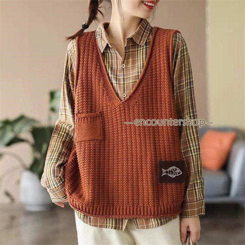 ニットベスト レディース チョッキ トップス 刺繍 Vネック おしゃれ カジュアル ノースリーブ ゆったり セーター 重ね着 ベスト 秋コーデ 薄手 