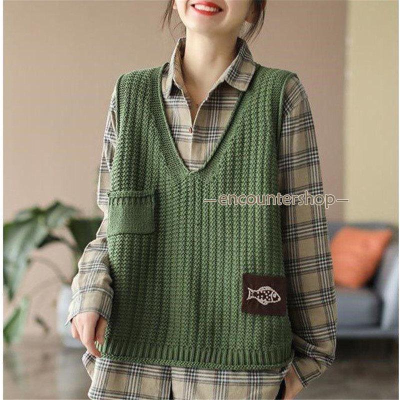 ニットベスト レディース チョッキ トップス 刺繍 Vネック おしゃれ カジュアル ノースリーブ ゆったり セーター 重ね着 ベスト 秋コーデ 薄手 