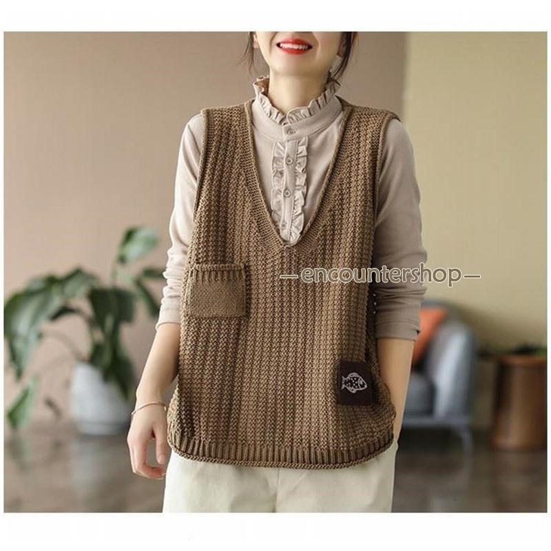 ニットベスト レディース チョッキ トップス 刺繍 Vネック おしゃれ カジュアル ノースリーブ ゆったり セーター 重ね着 ベスト 秋コーデ 薄手 