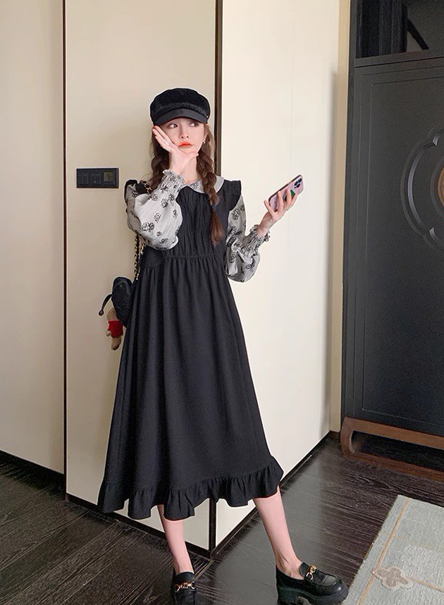 レイヤード風ワンピース レディース ワンピース 長袖 ロング ミモレ丈 フ重ね着風ワンピース ビッグ秋冬 花柄 韓国 大きいサイズ ファッション 