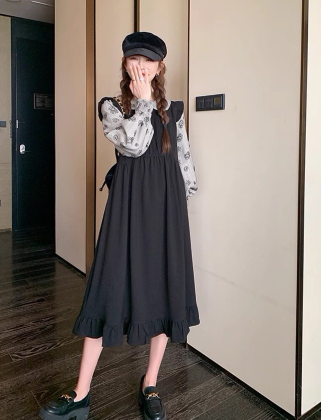 レイヤード風ワンピース レディース ワンピース 長袖 ロング ミモレ丈 フ重ね着風ワンピース ビッグ秋冬 花柄 韓国 大きいサイズ ファッション 