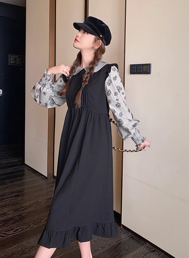 レイヤード風ワンピース レディース ワンピース 長袖 ロング ミモレ丈 フ重ね着風ワンピース ビッグ秋冬 花柄 韓国 大きいサイズ ファッション 