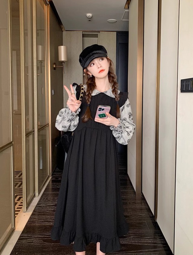レイヤード風ワンピース レディース ワンピース 長袖 ロング ミモレ丈 フ重ね着風ワンピース ビッグ秋冬 花柄 韓国 大きいサイズ ファッション 