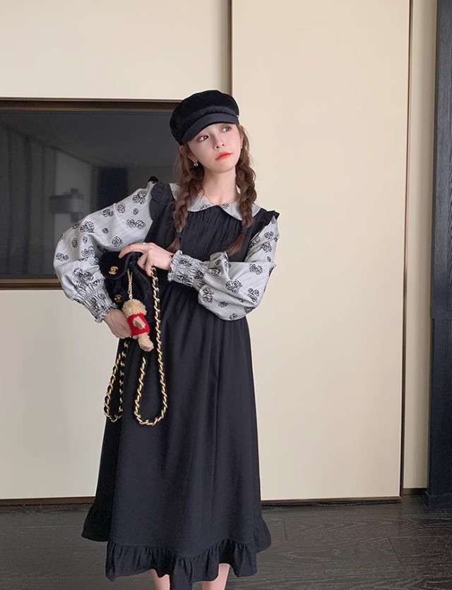 レイヤード風ワンピース レディース ワンピース 長袖 ロング ミモレ丈 フ重ね着風ワンピース ビッグ秋冬 花柄 韓国 大きいサイズ ファッション 