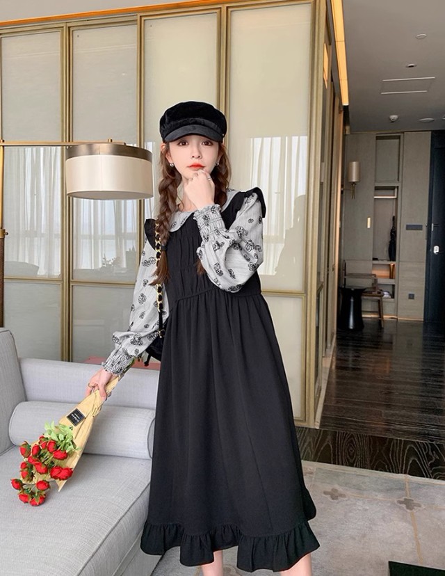 レイヤード風ワンピース レディース ワンピース 長袖 ロング ミモレ丈 フ重ね着風ワンピース ビッグ秋冬 花柄 韓国 大きいサイズ ファッション 