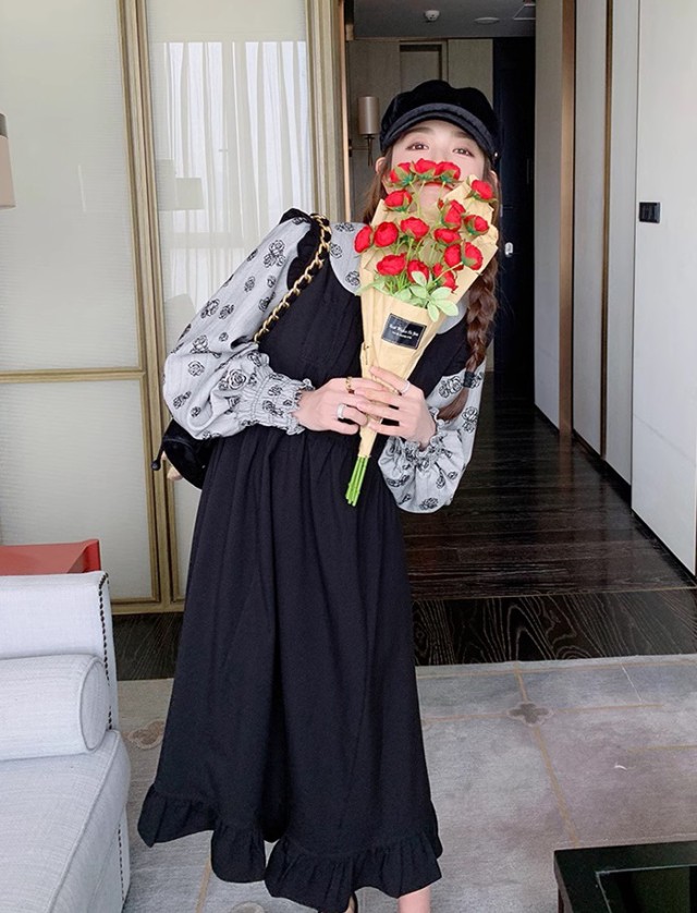 レイヤード風ワンピース レディース ワンピース 長袖 ロング ミモレ丈 フ重ね着風ワンピース ビッグ秋冬 花柄 韓国 大きいサイズ ファッション 