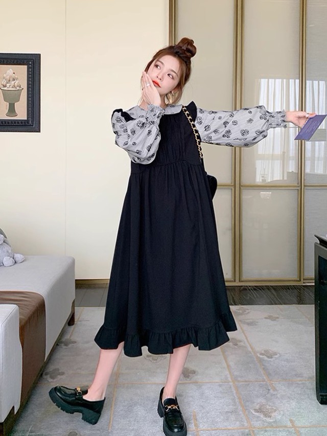 レイヤード風ワンピース レディース ワンピース 長袖 ロング ミモレ丈 フ重ね着風ワンピース ビッグ秋冬 花柄 韓国 大きいサイズ ファッション 