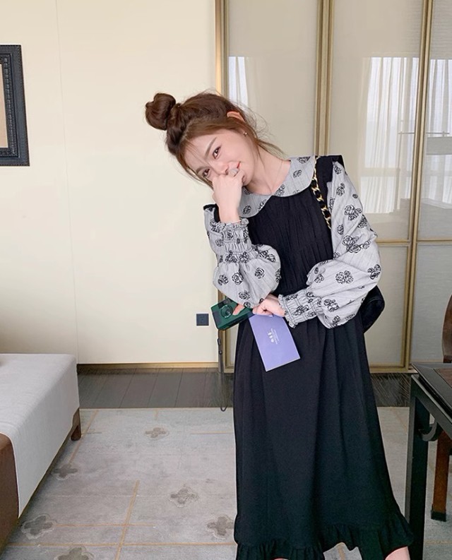 レイヤード風ワンピース レディース ワンピース 長袖 ロング ミモレ丈 フ重ね着風ワンピース ビッグ秋冬 花柄 韓国 大きいサイズ ファッション 