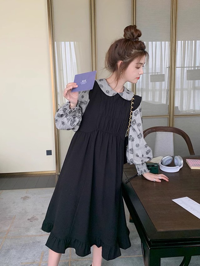 レイヤード風ワンピース レディース ワンピース 長袖 ロング ミモレ丈 フ重ね着風ワンピース ビッグ秋冬 花柄 韓国 大きいサイズ ファッション 