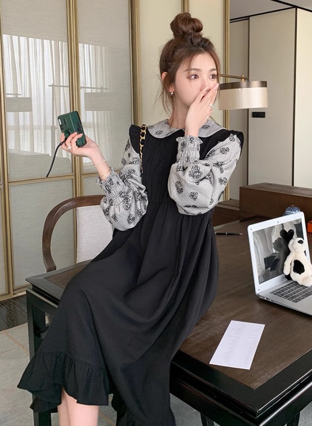 レイヤード風ワンピース レディース ワンピース 長袖 ロング ミモレ丈 フ重ね着風ワンピース ビッグ秋冬 花柄 韓国 大きいサイズ ファッション 