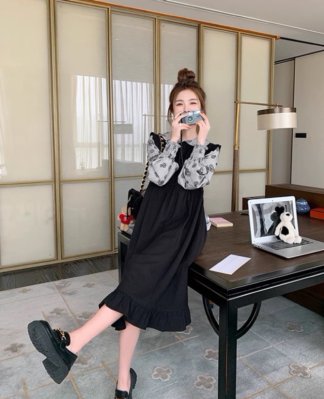 レイヤード風ワンピース レディース ワンピース 長袖 ロング ミモレ丈 フ重ね着風ワンピース ビッグ秋冬 花柄 韓国 大きいサイズ ファッション 