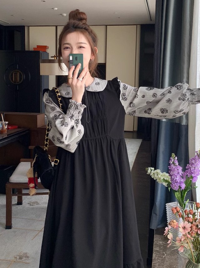 レイヤード風ワンピース レディース ワンピース 長袖 ロング ミモレ丈 フ重ね着風ワンピース ビッグ秋冬 花柄 韓国 大きいサイズ ファッション 