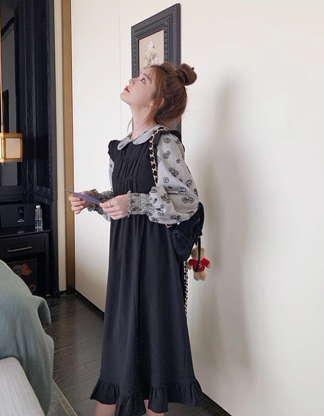 レイヤード風ワンピース レディース ワンピース 長袖 ロング ミモレ丈 フ重ね着風ワンピース ビッグ秋冬 花柄 韓国 大きいサイズ ファッション 