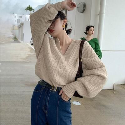 トップス レディース ニット セーター カットソー カジュアル Vネック オフショルダー フェミニン ゆったり 長袖 おしゃれ 可愛い オーバーサイズ キーネック 