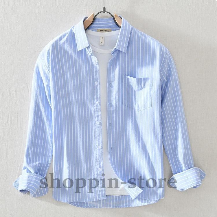 ストライプシャツ メンズ シャツ 100%綿 カジュアルシャツ 長袖シャツ ビジネスシャツ トップス 通勤 