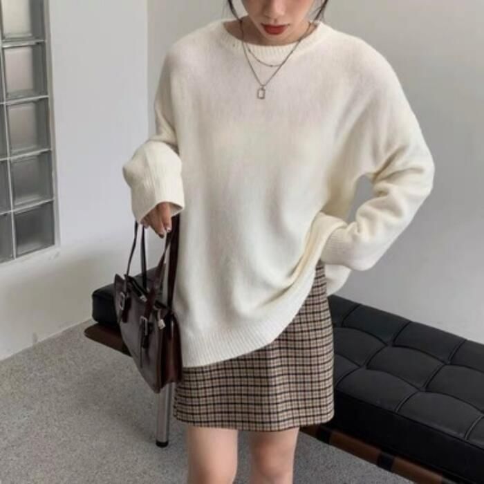 トップス ニット セーター クルーネック レディース きれいめ ゆったり 長袖 可愛い おしゃれ 体型カバー ベーシック カジュアル 大人 シンプル フェミニン 韓 