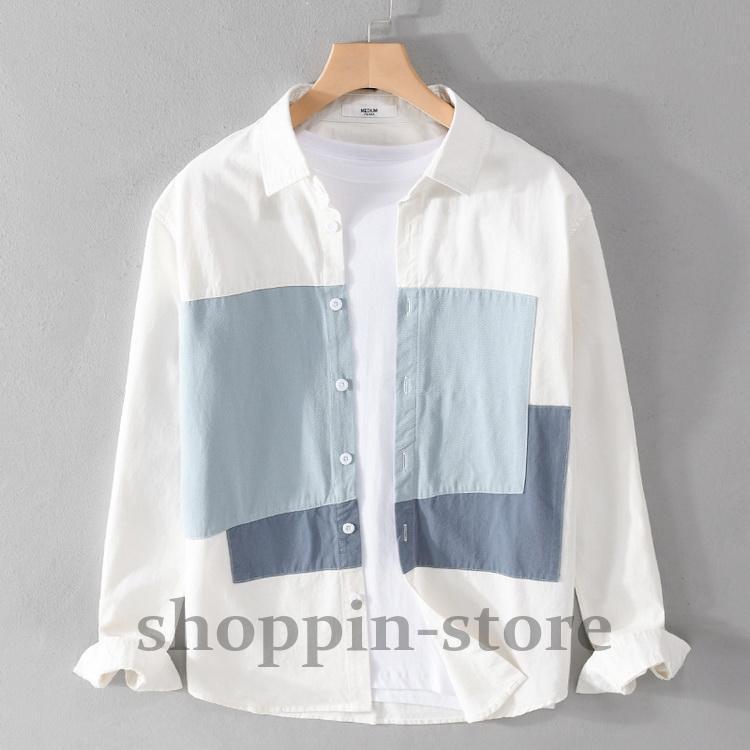 シャツ メンズ きれいめ カジュアルシャツ 開襟シャツ 切り替え 春 ファッション 秋 春 100%綿 トップス 長袖 