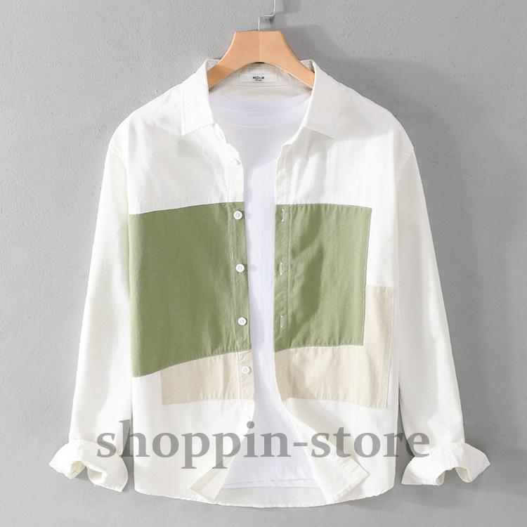 シャツ メンズ きれいめ カジュアルシャツ 開襟シャツ 切り替え 春 ファッション 秋 春 100%綿 トップス 長袖 