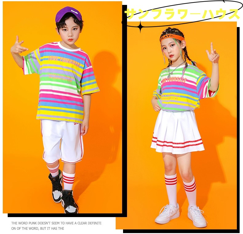 ボーダー柄 半袖 Tシャツ キッズダンス衣装 チア 体操服 スカート 演出服 文化祭 衣装 チアガール セット 上下セット キッズ ダンス衣装 女の子 子供ダンス 