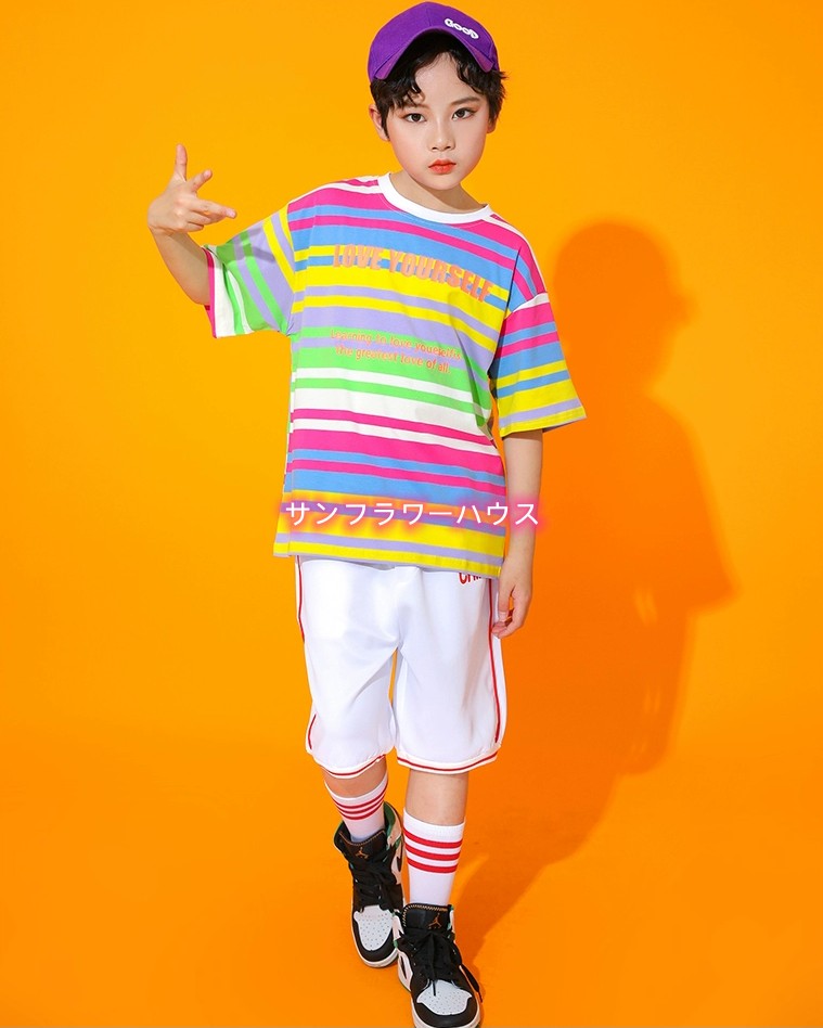 ボーダー柄 半袖 Tシャツ キッズダンス衣装 チア 体操服 スカート 演出服 文化祭 衣装 チアガール セット 上下セット キッズ ダンス衣装 女の子 子供ダンス 