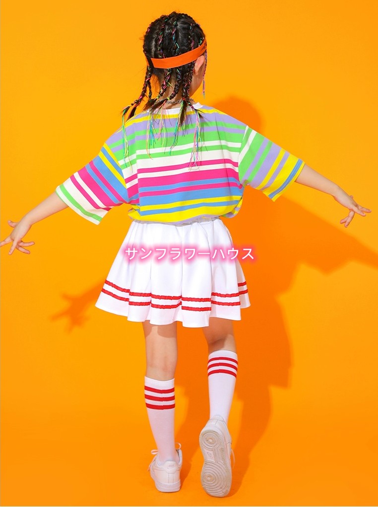 ボーダー柄 半袖 Tシャツ キッズダンス衣装 チア 体操服 スカート 演出服 文化祭 衣装 チアガール セット 上下セット キッズ ダンス衣装 女の子 子供ダンス 