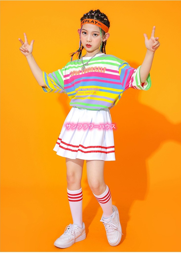 ボーダー柄 半袖 Tシャツ キッズダンス衣装 チア 体操服 スカート 演出服 文化祭 衣装 チアガール セット 上下セット キッズ ダンス衣装 女の子 子供ダンス 