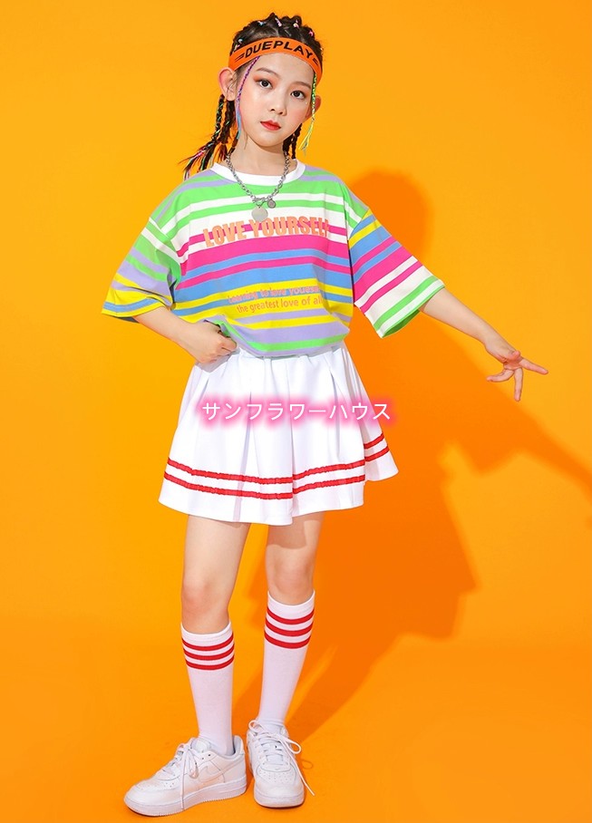 ボーダー柄 半袖 Tシャツ キッズダンス衣装 チア 体操服 スカート 演出服 文化祭 衣装 チアガール セット 上下セット キッズ ダンス衣装 女の子 子供ダンス 