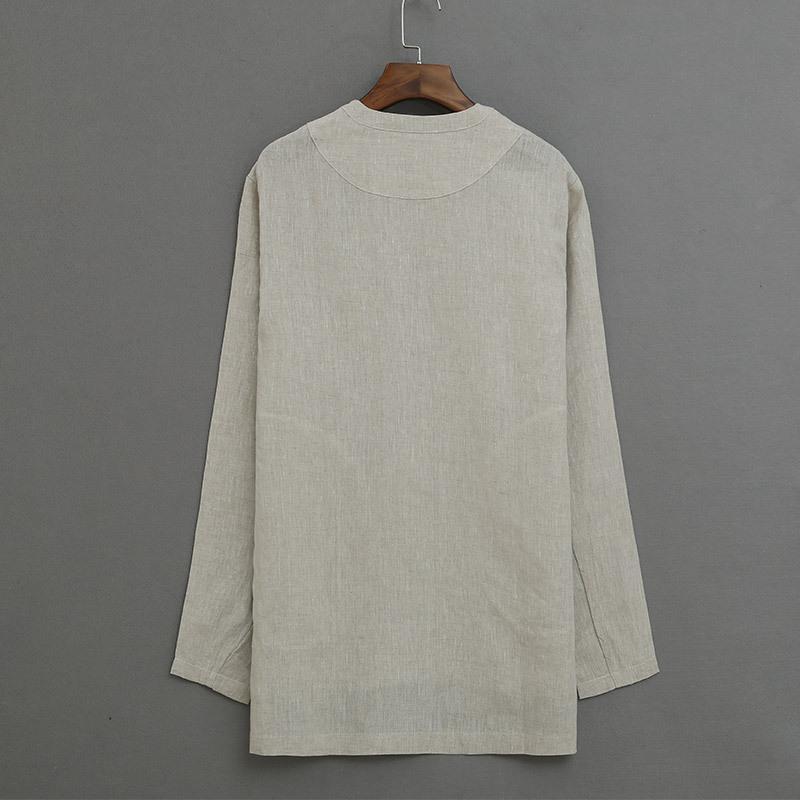 ナショナルスタイルリネンメンズ長袖Tシャツの男性と同じ段落の女性リネンシャツファッショントレンドラウンドネックルーズトップス  