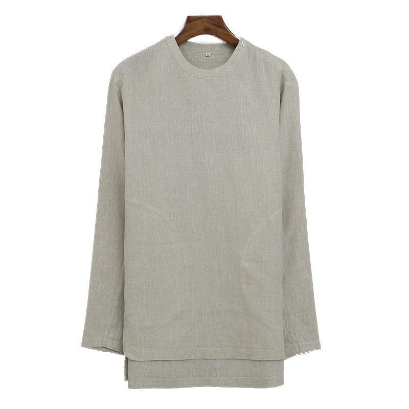 ナショナルスタイルリネンメンズ長袖Tシャツの男性と同じ段落の女性リネンシャツファッショントレンドラウンドネックルーズトップス  