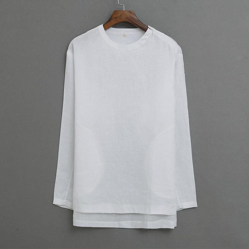 ナショナルスタイルリネンメンズ長袖Tシャツの男性と同じ段落の女性リネンシャツファッショントレンドラウンドネックルーズトップス  