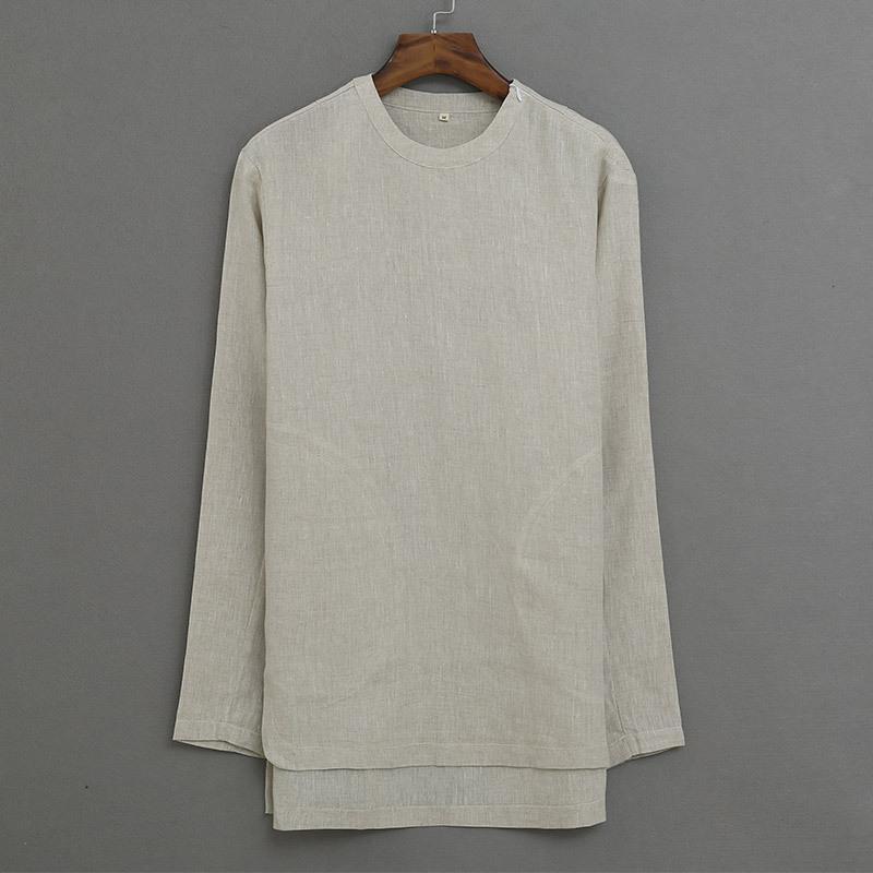 ナショナルスタイルリネンメンズ長袖Tシャツの男性と同じ段落の女性リネンシャツファッショントレンドラウンドネックルーズトップス  