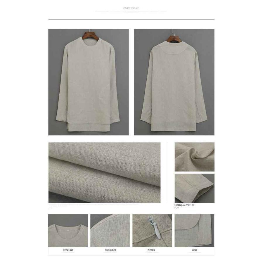 ナショナルスタイルリネンメンズ長袖Tシャツの男性と同じ段落の女性リネンシャツファッショントレンドラウンドネックルーズトップス  