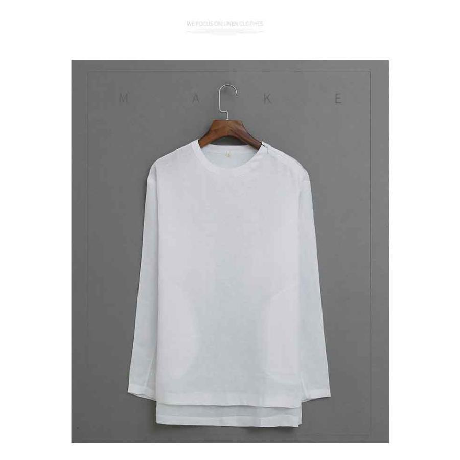 ナショナルスタイルリネンメンズ長袖Tシャツの男性と同じ段落の女性リネンシャツファッショントレンドラウンドネックルーズトップス  