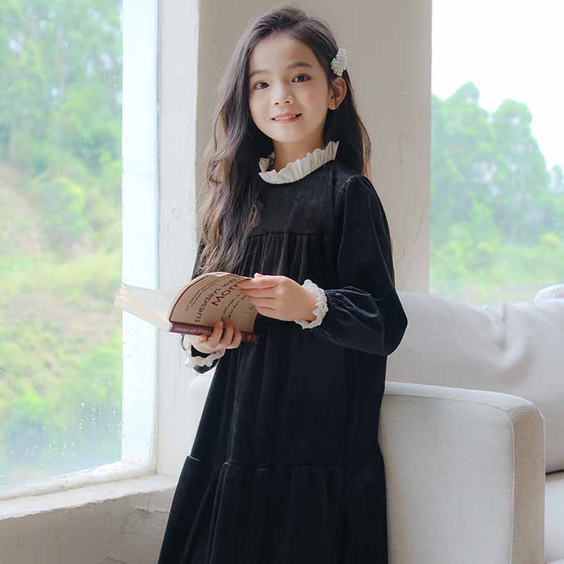 白襟長袖リラックスワンピースコットンキッズ ガールズ 女の子 女児 子供子供服120CM 130CM シンプル 140CM 冬 秋 ナチュラル 通学ゆったり 150CM 膝下丈 