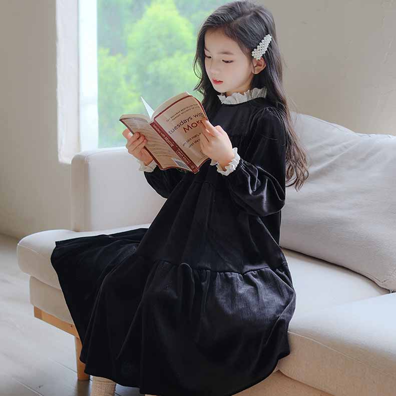 白襟長袖リラックスワンピースコットンキッズ ガールズ 女の子 女児 子供子供服120CM 130CM シンプル 140CM 冬 秋 ナチュラル 通学ゆったり 150CM 膝下丈 