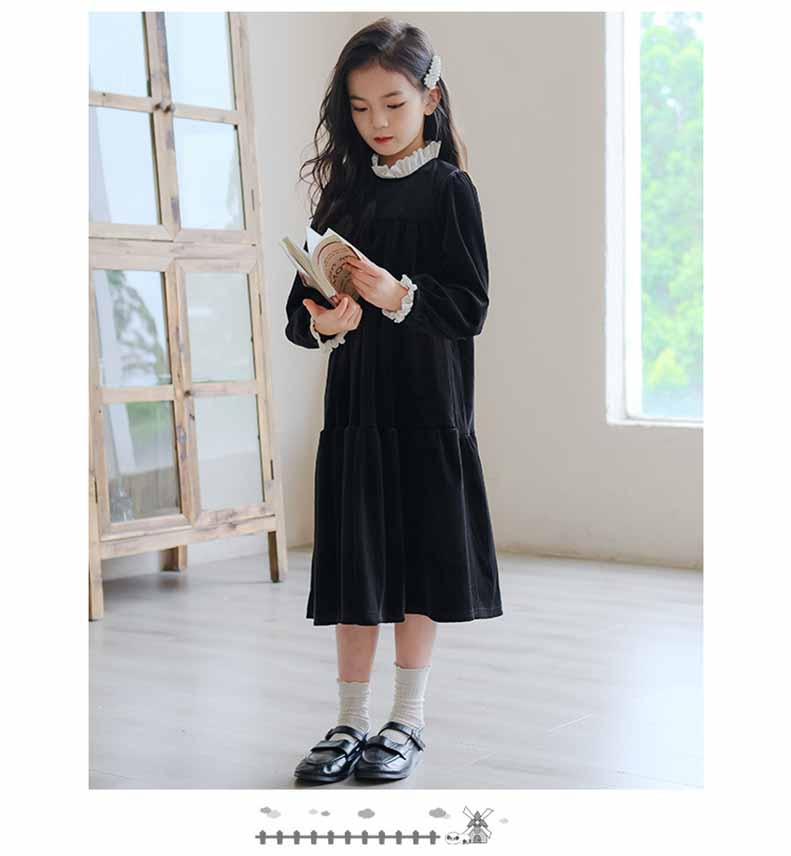 白襟長袖リラックスワンピースコットンキッズ ガールズ 女の子 女児 子供子供服120CM 130CM シンプル 140CM 冬 秋 ナチュラル 通学ゆったり 150CM 膝下丈 